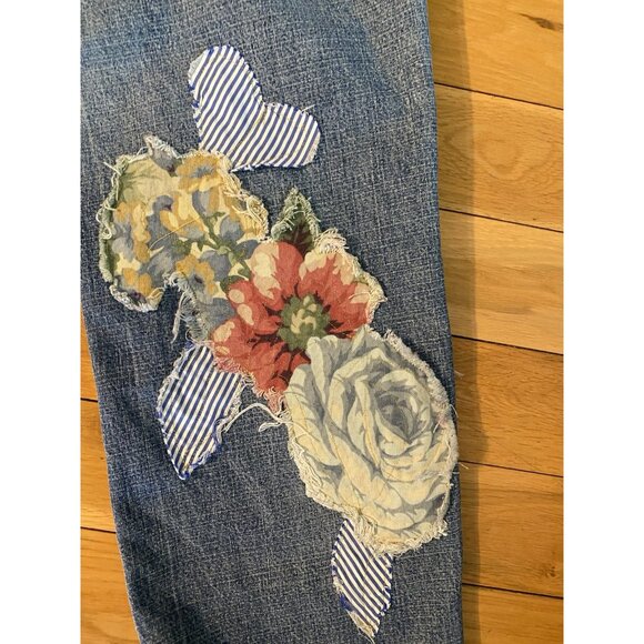 OOAK SAVED JEANS REFASHIONED UPCYCLED PATCHED DISTRESSED WASHED AND FRINGED 16A - Picture 14 of 16